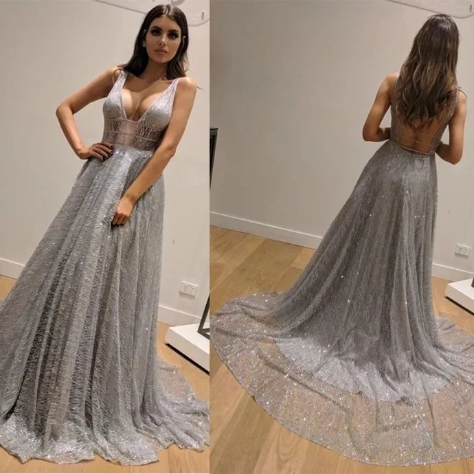 Elegant Women's Evening Garments Grey Prom Dress,Tulle Prom Gown,A-Line Evening Dress,Backless Prom Gown 0115   cg9441