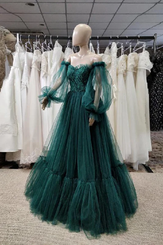 Women's Formal Apparel End - of - Month Blowout Pretty Green Lace Prom Dresses Puff Long Sleeves Off The Shoulder Lace Appliques Tulle Ball Gown      cg24134