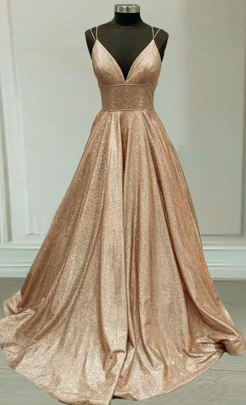 Women's Apparel Classic Charm Sparkly prom dresses champagne gold ball gown v neck with multi straps    cg19968