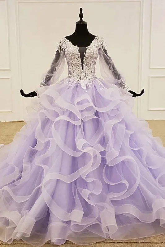 Women's Sporty Chic Clothes 2020 Lavender Prom Dress Long Sleeves Tulle Ruffles Beaded Lace Women Evening Gown  cg7866