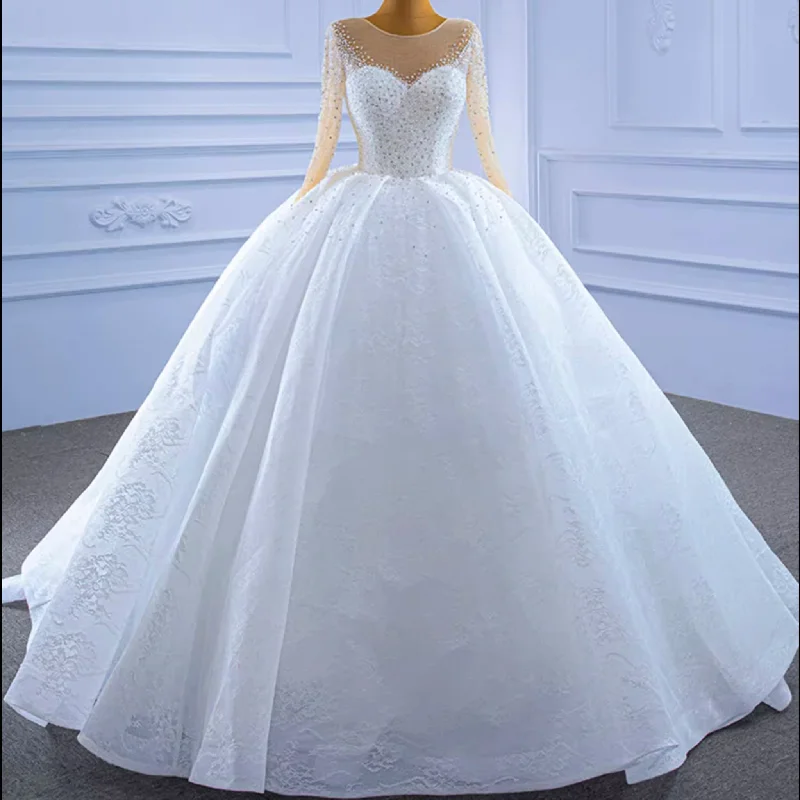 Women's Evening Wear Outfit Romantic Detailing Long Sleeve Ball Gown Wedding Dress Princess Bridal Gown