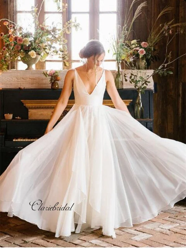 Women's Trendy Outfit Save on Inspired Styles Straps Deep V-neck Wedding Dresses, A-line Country Wedding Bridal Gowns