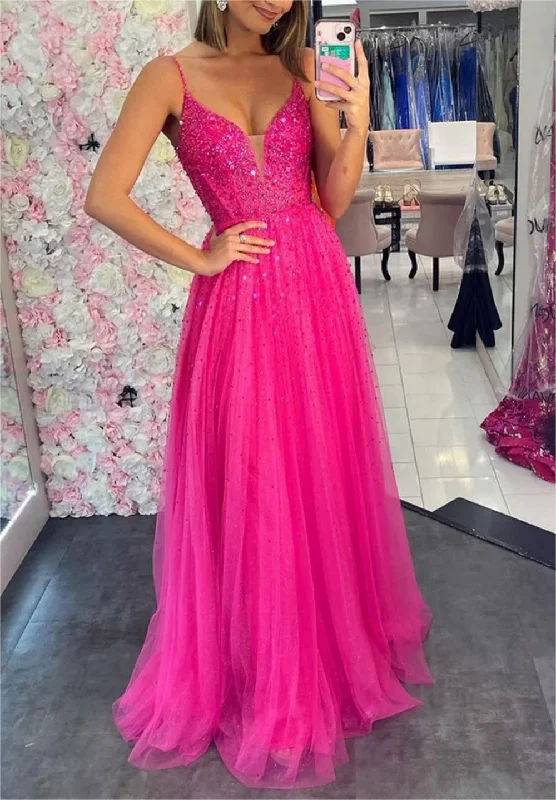 Women's Comfortable Lounge Outfit Casual Elegance Women A-Line Tulle Prom Dresses Long V-Neck Beadings Evening Gowns Sleeveless Formal Party Dress YPD664