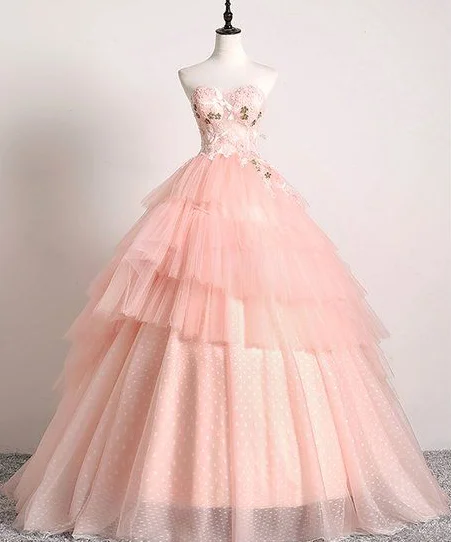 Women's Plus-Size Attire Sweetheart Pink Tulle 3D Lace Multi-layered Ball Gown, Formal Prom Dress cg5220