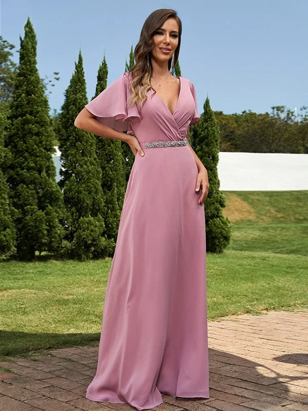 Women's Vacation Outfit Set Luxe Layering A-Line/Princess Chiffon Sash/Ribbon/Belt V-neck Short Sleeves Floor-Length Bridesmaid Dresses