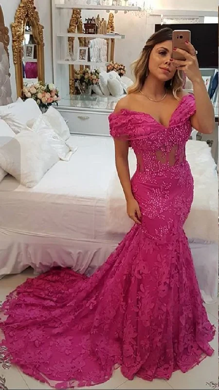 Women's Comfortable Lounge Outfit Prom Dresses Ball Gown, Fushia Prom Dresses, Off the Shoulder Prom Dress   cg6299