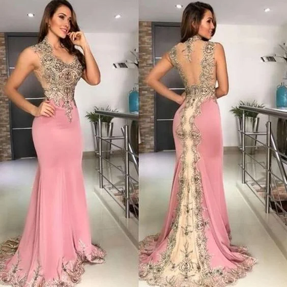 Stylish Women's Attire mermaid pink evening dresses long sleeveless lace appliqué beaded elegant evening prom gown 2020 formal dress  cg5728