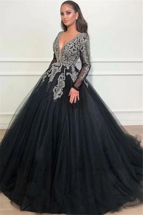 Formal Garments For Women Black Ball Gown Deep V-Neck Long Sleeves Appliques Overskirt Evening Dresses Prom Dress   cg10234