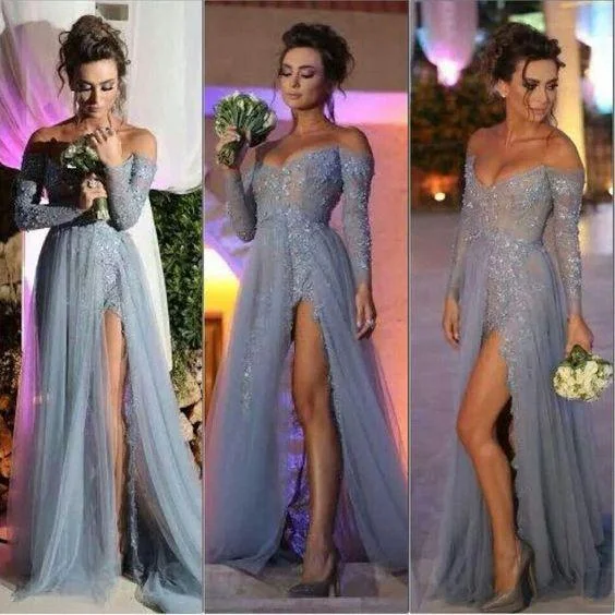 Comfortable Garments For Women Beat the Heat in Tropical Styles Grey Off the Shoulder Lace Beaded Prom Dresses with Long Sleeves Formal Dubai Evening Gown 2020