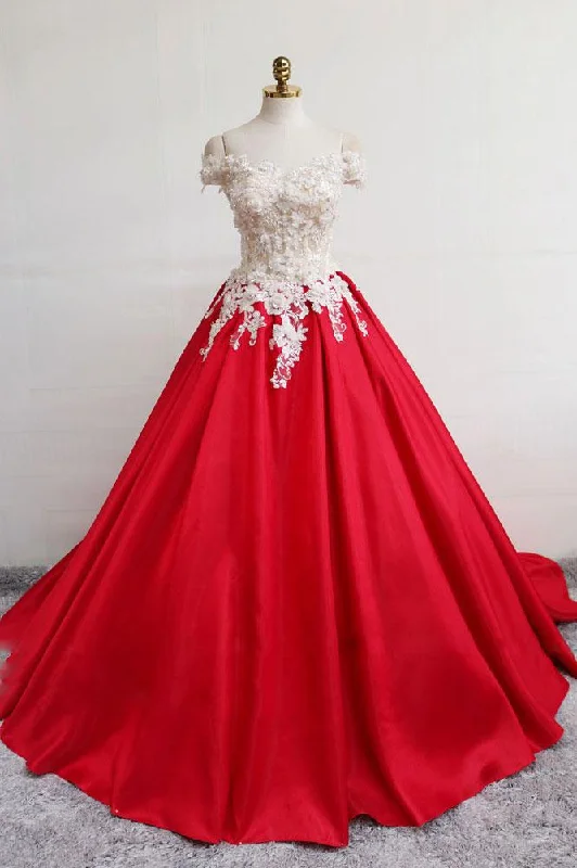 Fashionable Women's Clothes Flowy Fabric RED SATIN LACE LONG PROM DRESS, RED EVENING DRESS cg2489