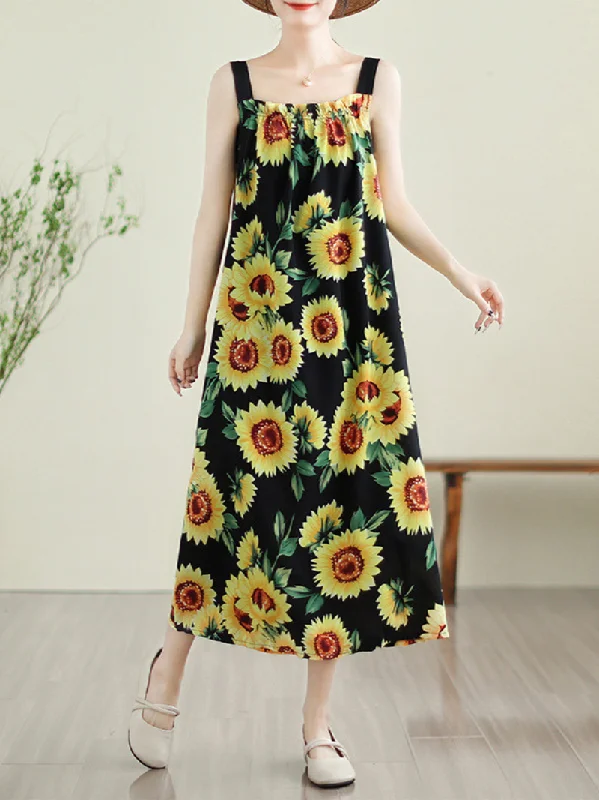 Women's Travel Garments Charming Silhouette Women's Soft & Charm Loose Sleeveless Sunflower Print Salopette Dress