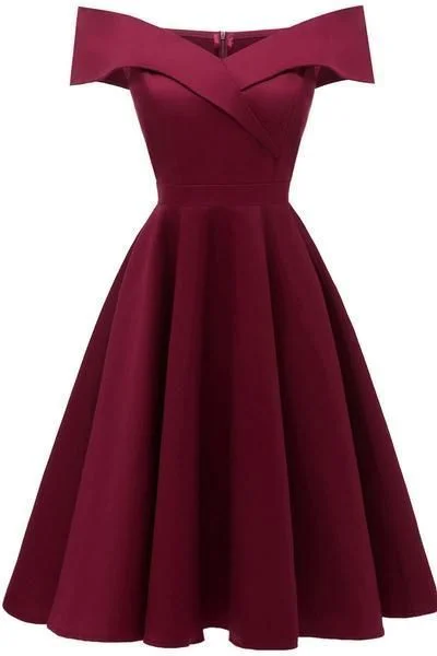 Fashionable Women's Outfit Elegant Contour Burgundy Off-the-shoulder Satin A-line Prom Dress  cg1358