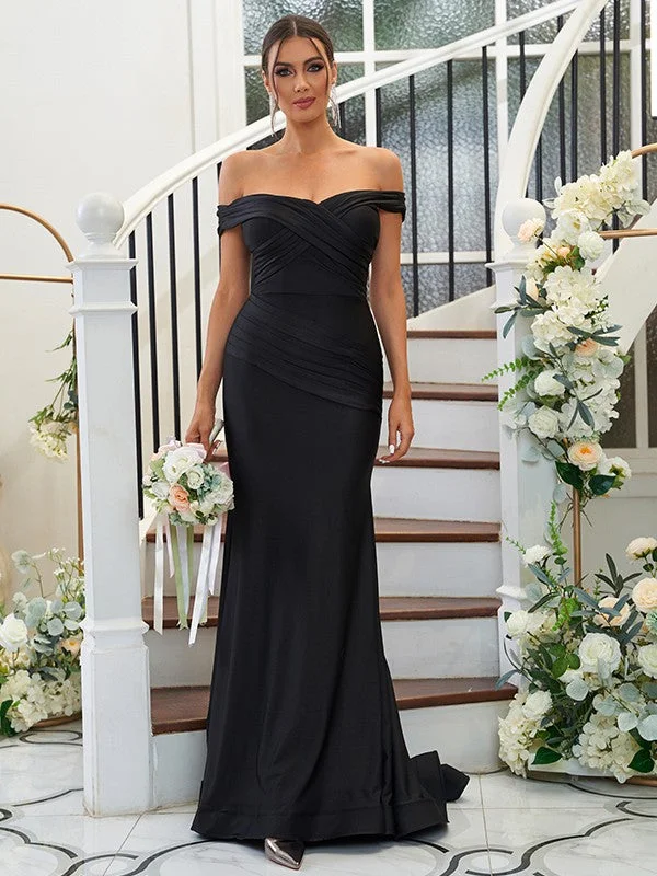 Chic Women's Garments Casual Elegance Sheath/Column Jersey Ruched Off-the-Shoulder Sleeveless Sweep/Brush Train Bridesmaid Dresses