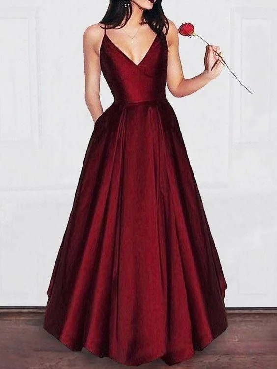 Women's Office Outfit Feminine Soft - Hued Look Red Long V-neck A-line Simple Princess Cheap Satin Prom Dresses cg834