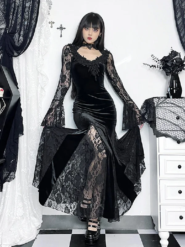 Women's Workout Garments Subtle Sophistication Gothic Mermaid Bodycon Long Maxi Fishtail Sleeve Lace Cocktail Ruched Dress