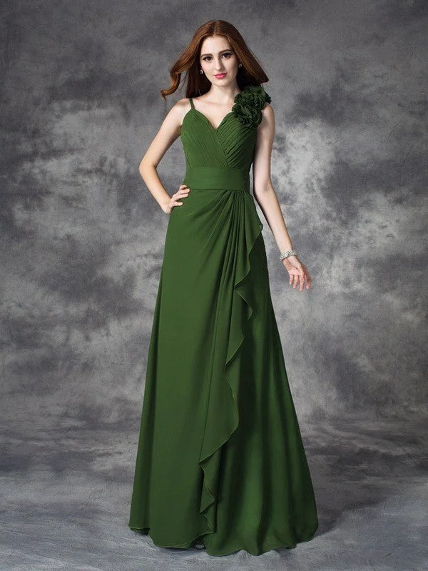 Women's Transitional Clothes Casual Elegance A-line/Princess V-neck Hand-Made Flower Sleeveless Long Chiffon Bridesmaid Dresses