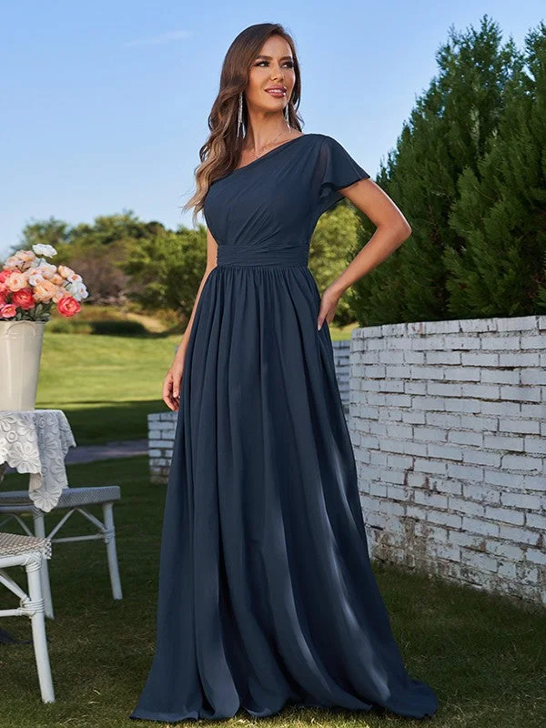 Women's Activewear Outfit Elegant Details A-Line/Princess Chiffon Ruched One-Shoulder Short Sleeves Floor-Length Bridesmaid Dresses