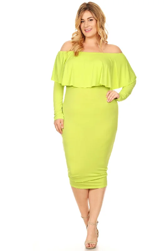 Women's Festive Attire Luxe Layering Plus Size Off Shoulder Ruffle Bodycon Midi Party Dress