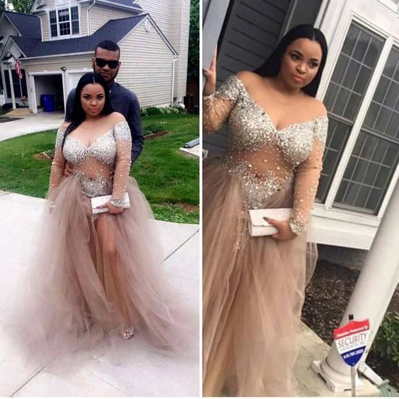 Women's Sports Apparel Casual Weekend Relaxed Style Champagne see through long sleeves prom dresses slit Evening Gown LP6612