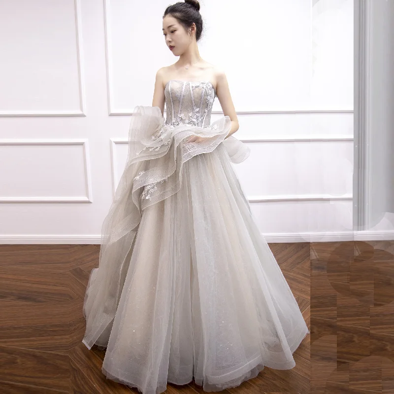 Women's Functional Outfit For Outdoor Activities Graceful Drape Strapless Beaded Lace Ruffle Country Wedding Dresses in Grey