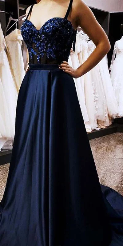 Women's Everyday Apparel Now on Sale for Chic Urban Styles Navy Blue Satin Appliques A Line Straps Prom Dresses   cg15318