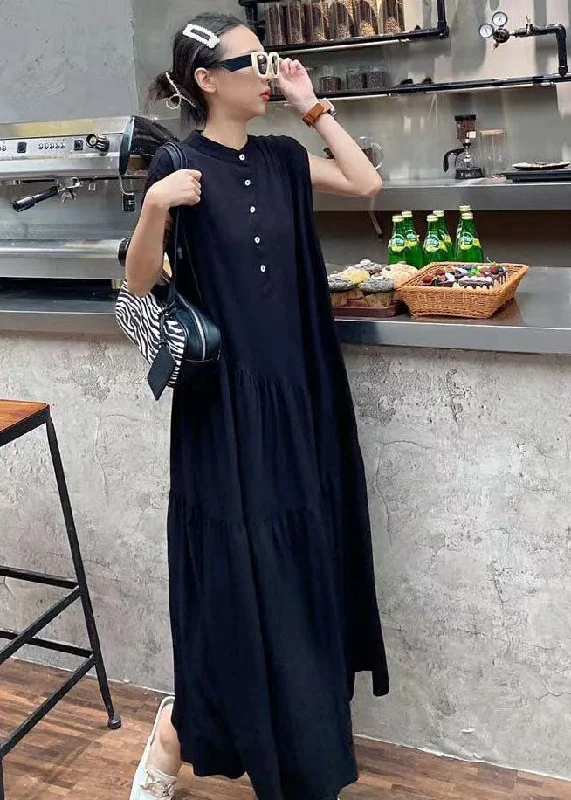 Affordable Women's Outfit Fashion-Forward Style Simple Black Stand Collar Patchwork Wrinkled Cotton Dress Sleeveless