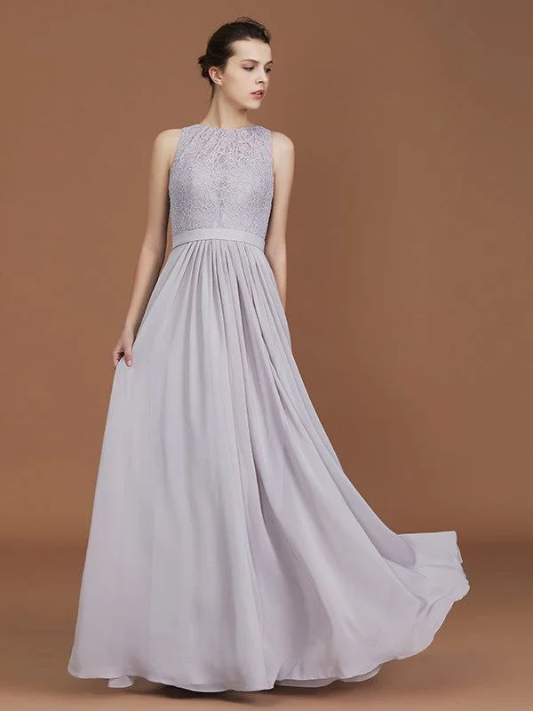 Timeless Women's Clothes Vintage Elegance A-Line/Princess Scoop Lace Floor-Length Ruched Chiffon Bridesmaid Dress