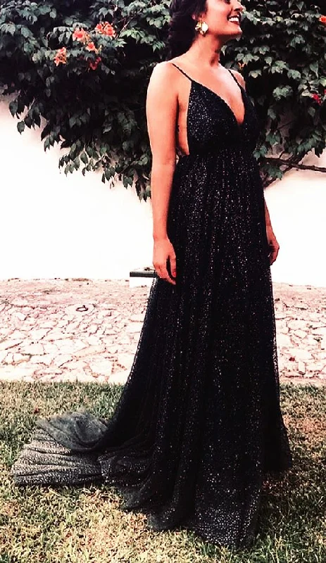 Women's Activewear Garments Long Black Sequins Evening Dresses Plunge V-neck Prom Gowns cg4679