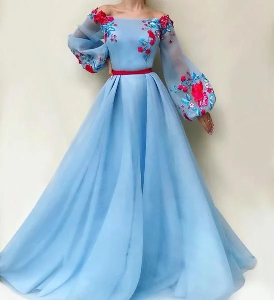 Women's Clothes And Garments blue party dress long sleeve evening dress tulle applique prom dress off shoulder ball gown   cg9797