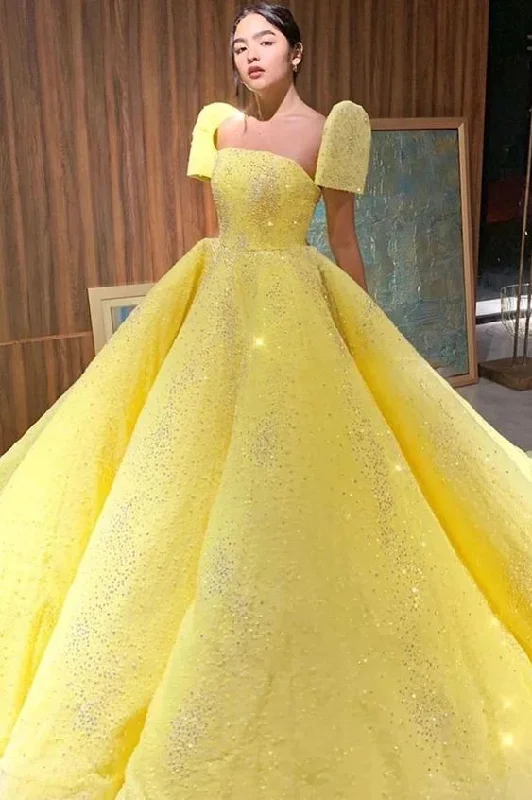 Women's Clothes For Special Occasions Ball Gown Sparkly Yellow Short Sleeves Prom Dresses Evening Dress  cg8080