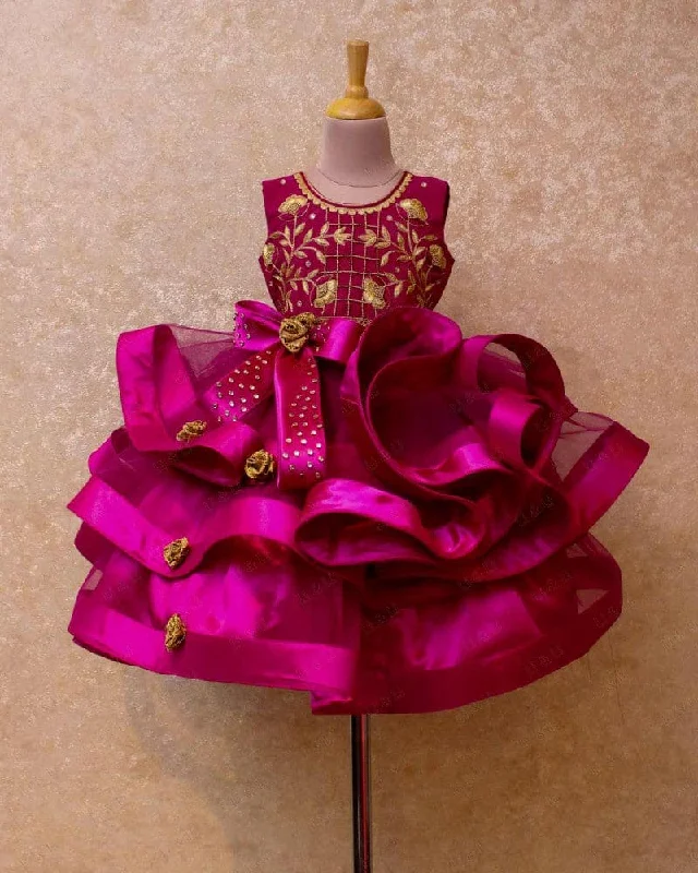 Women's Stylish Professional Garments Pre-Order: Magenta Heavy Frilled Gown With Golden Embroidery