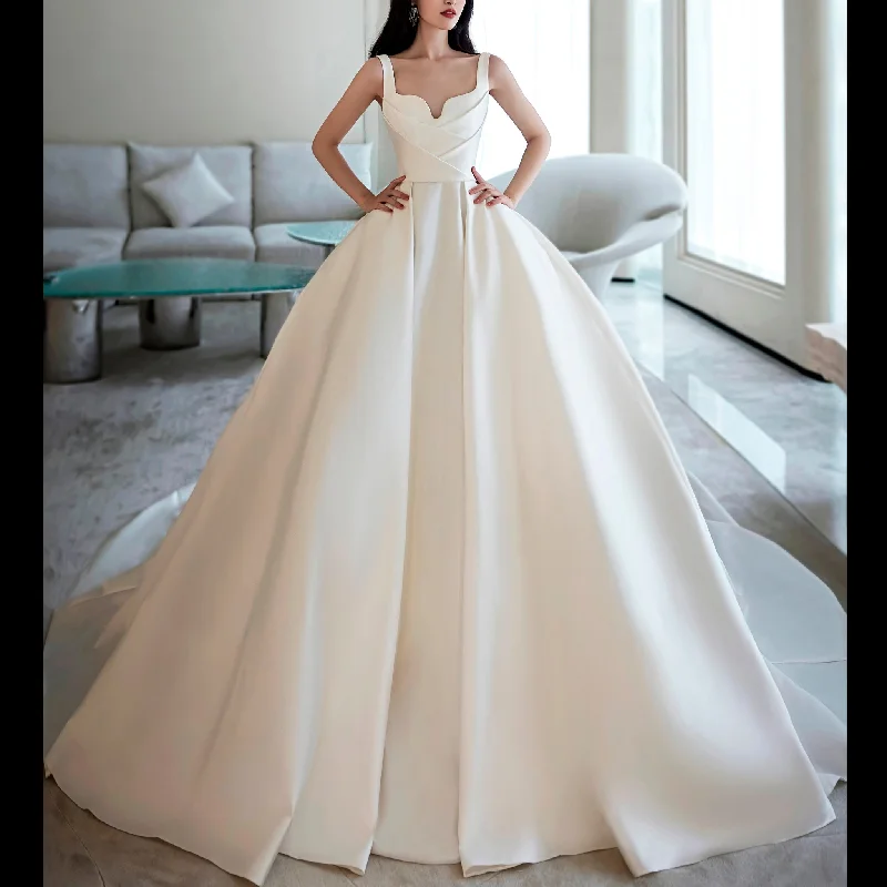 Women's Elegant Clothes Refined Simplicity Ball Gown Square-neck Satin Wedding Dress with Tank Sleeves