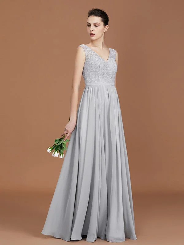 Women's Elegant Clothes Feminine Elegance A-Line/Princess V-neck Sleeveless Floor-Length Chiffon Lace Bridesmaid Dress