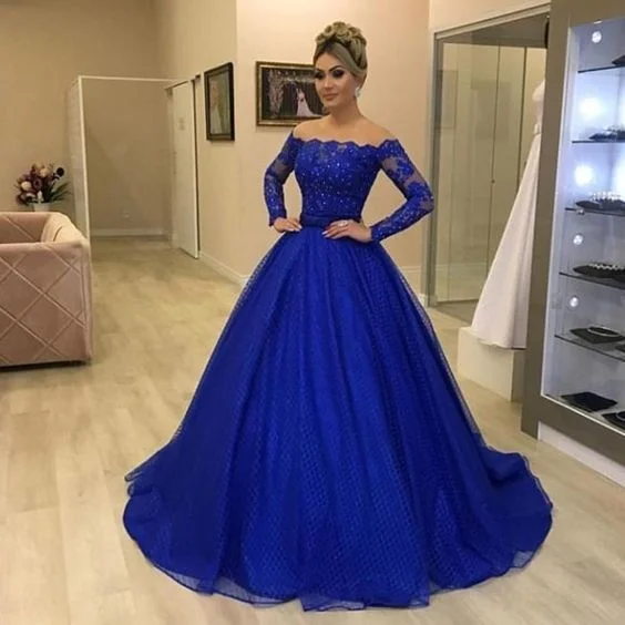 Women's Luxury Apparel royal blue prom dresses 2020 long sleeve ball gown lace evening dresses   cg9036