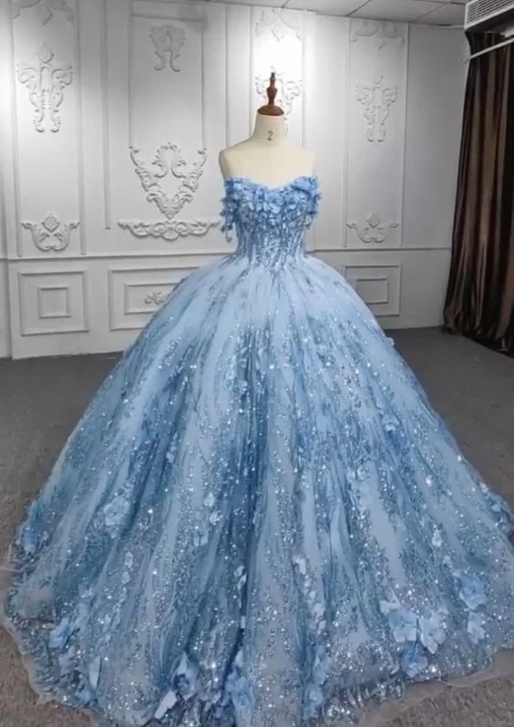 Plus-Size Women's Clothing Chic Urban Fashion Look Pretty Ball Gown Sweetheart Tulle Long Blue Floor Length Prom Dresses Blue Sweet 16 Dresses C2867