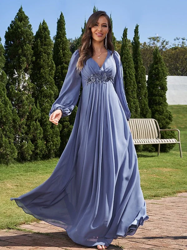 Women's Timeless Attire Buy More, Save More A-Line/Princess Chiffon Applique V-neck Long Sleeves Floor-Length Bridesmaid Dresses