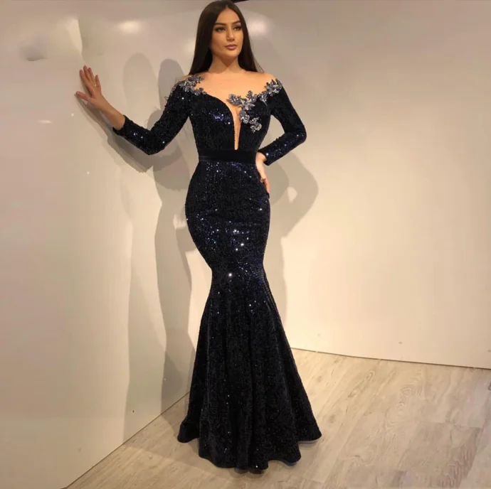 Stylish Women's Apparel Contemporary Elegance sparkly prom dresses 2021 sheer crew neckline long sleeve lace appliques sequins shinning evening dresses gowns   cg13439