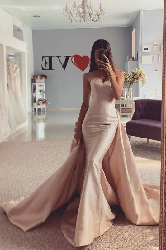 Women's Active Garments For Workouts Romantic Detailing Sweetheart Champagne Satin Mermaid Prom Gown with Removable Train   cg16110