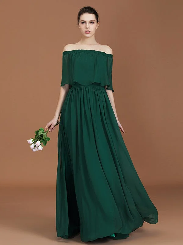 High-Fashion Women's Clothing Big Savings on Minimalist Office Styles A-Line/Princess Pleats Off-the-Shoulder Floor-Length Chiffon Bridesmaid Dress