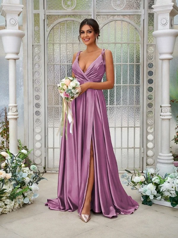 Women's Holiday Attire Flash Deals A-Line/Princess Silk like Satin Ruffles V-neck Sleeveless Sweep/Brush Train Bridesmaid Dresses