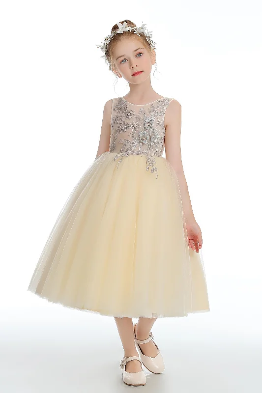 Women's Elegant Evening Outfit Playful Elegance Daffodil Sleeveless V Back Tulle Appliques Flower Girl Dress