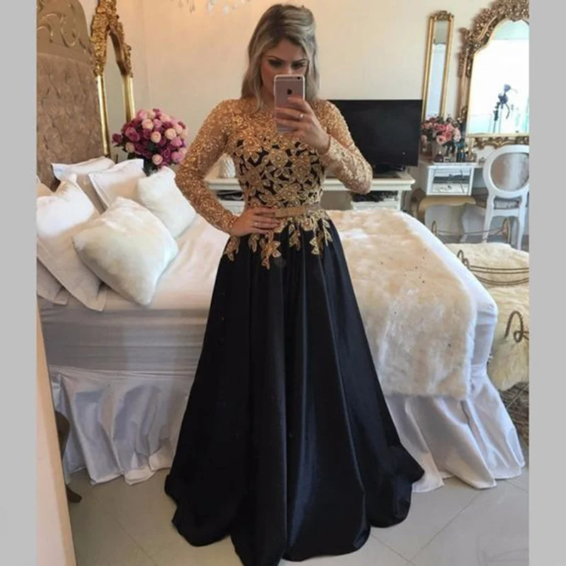 Women's Attire Classic Timeless Elegant Style Gold Lace Prom Dresses  Appliques Pearls Black  Evening Gowns with Sleeves Vestido De Festa MO103