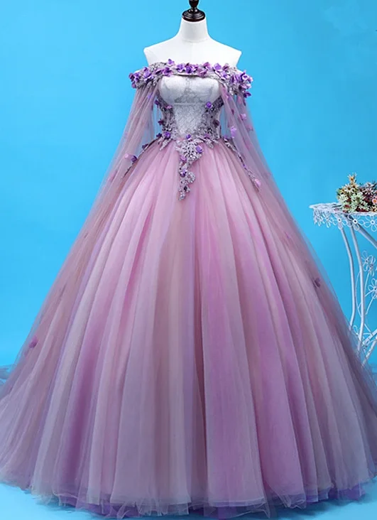 Women's Chic Apparel Light Purple Tulle Long Sweet 16 Gown, Flowers Quinceanera prom Dress  cg8768