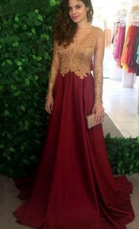 Women's Outerwear Clothing Burgundy Sheer Long Sleeves Prom Dresses Long Sleeves Lace Appliques Top Long Evening Gowns  cg7393