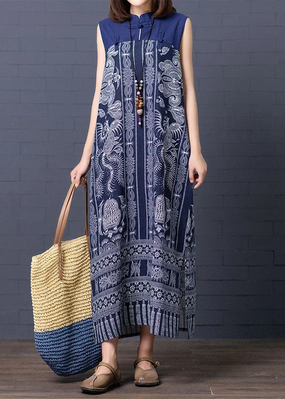 Women's Plus-Size Apparel Flash Sale Chic Blue Stand Collar Print Patchwork Cotton Summer Dress Sleeveless