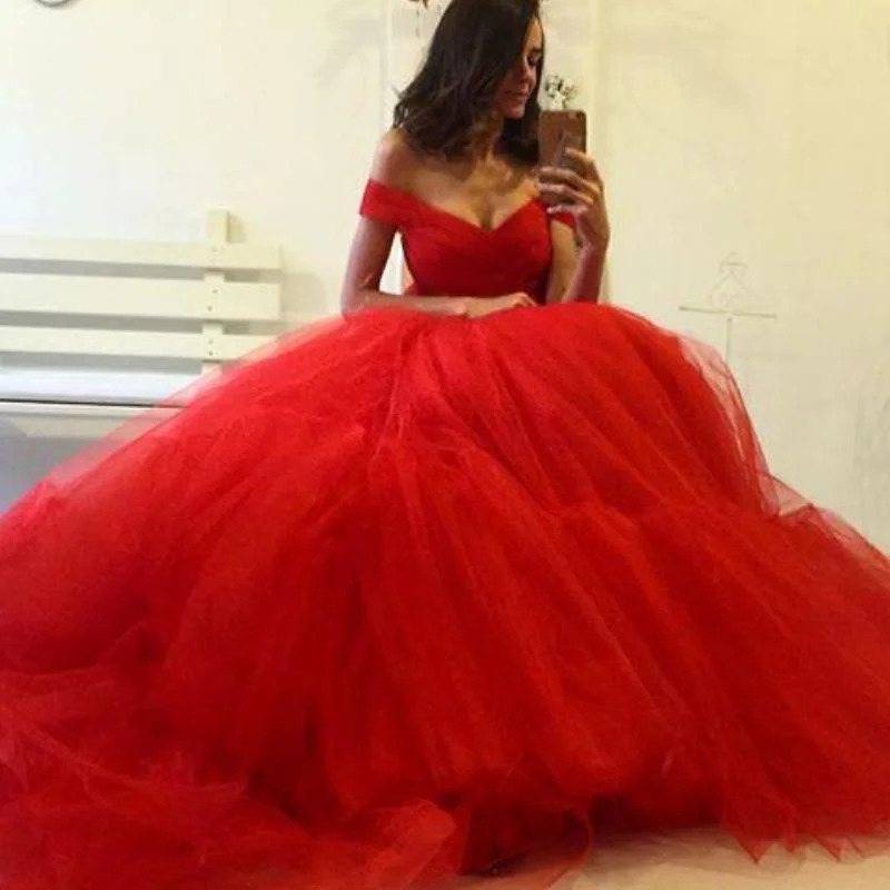 Affordable Women's Attire Hollywood Glam Award - Show Style Dreamy vestido de formatura longo Red Ball Gown Prom Dresses Tulle Off the Shoulder Formal Gown