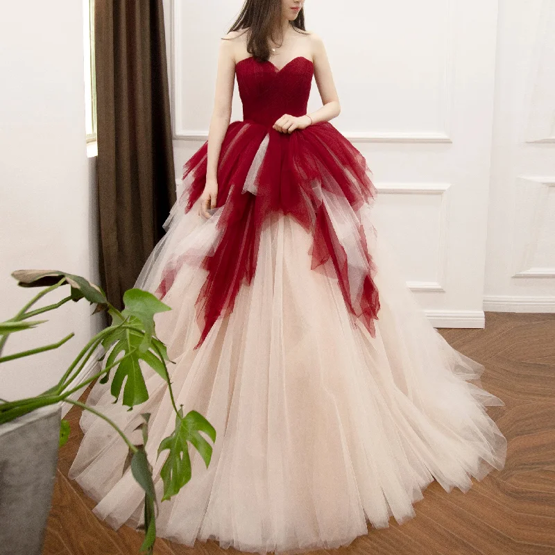 Women's Trendy Clothing Tropical Island - Inspired Attire Strapless Ball Gown Red and White Wedding Dress with Vneck