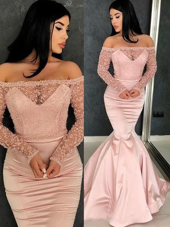 Women's Formal Event Clothing Score Big on Glamorous Red - Carpet Styles Mermaid Long Sleeves Brush Train Pink Ruffles Satin Prom Dresses   cg11922