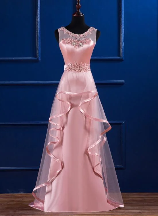 Women's Clothes For The Office Alluring Design Pink Satin And Tulle Layers Long Party Dress With Lace Applique, Pink Formal prom Dress    cg13961