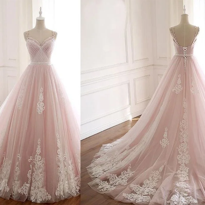 Women's Vintage-Inspired Outfit Pink Prom Dress,Tulle Prom Gown,Appliques Evening Dress,Spaghetti Straps Prom Gown   cg10889